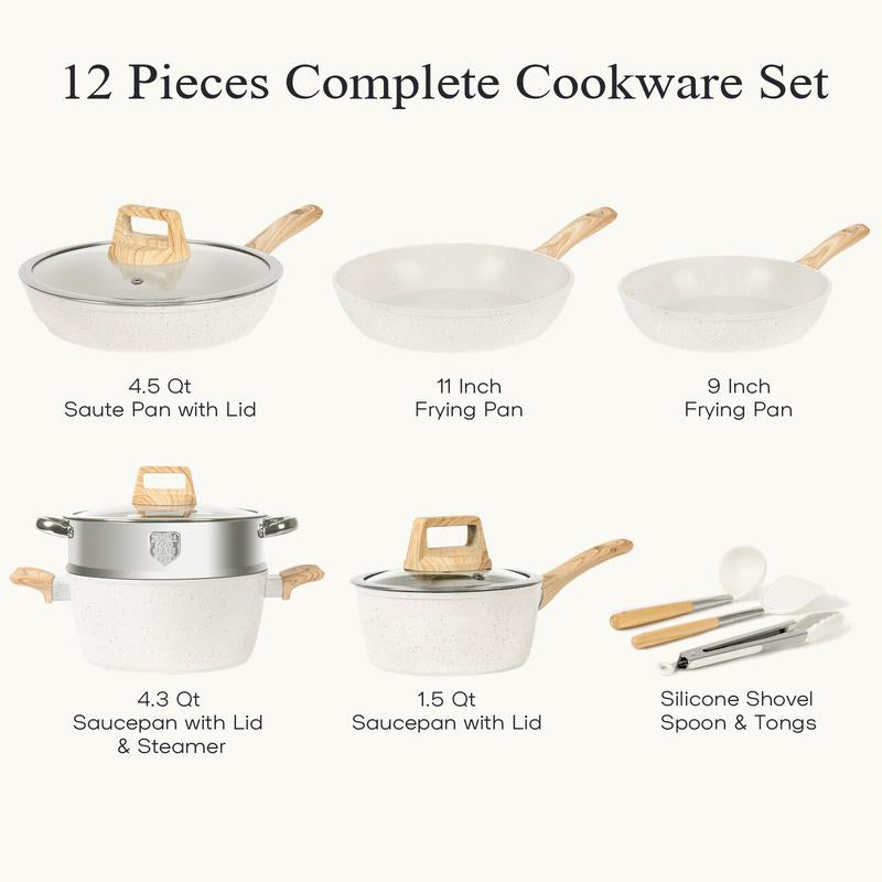 SODAY 12Pcs Pots and Pans Set Non Stick Kitchen Cookware Sets Induction Cookware Nonstick Granite Cooking Set with Frying Pans, Saucepans, Steamer,Dealsforyoudays