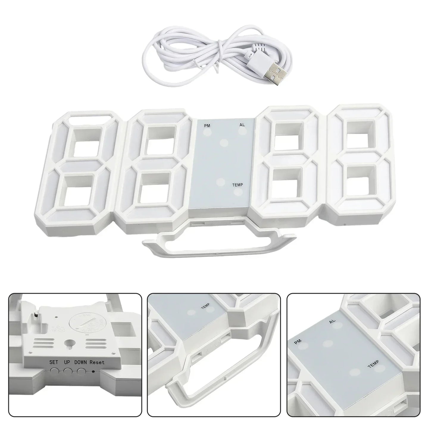 LED Wall Clock 23.5*9.3*1.8Cm Oversize 3D Modern Digital 24/12 Hour Display Timer Alarm Home USB Brightness Adjustable