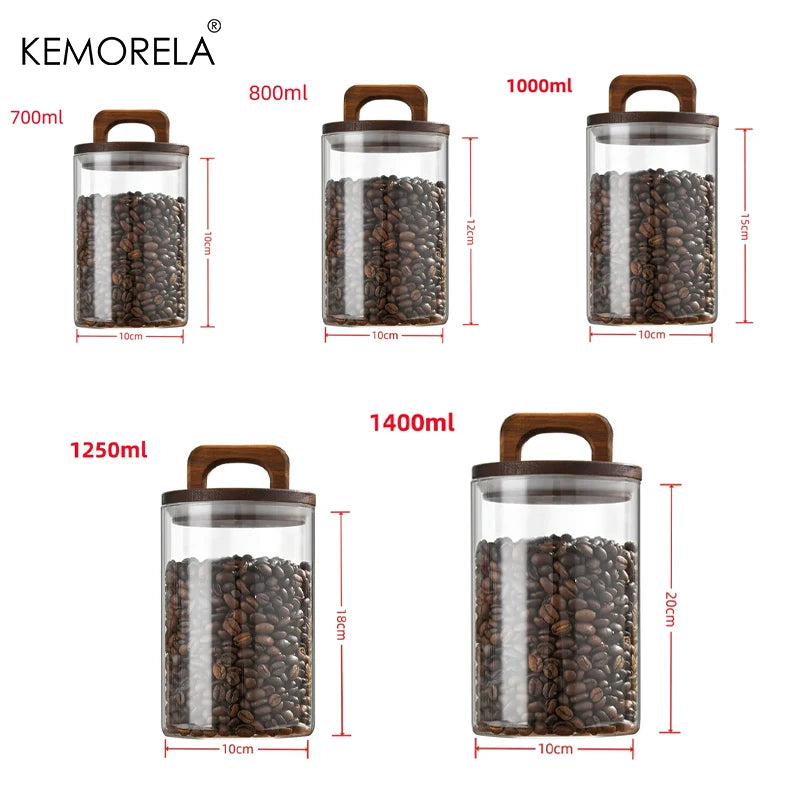 Wood Lid Glass Jar Airtight Canister Food Container Tea Coffee Beans Kitchen Storage Bottles Jar Sealed Grounds Candy Jar