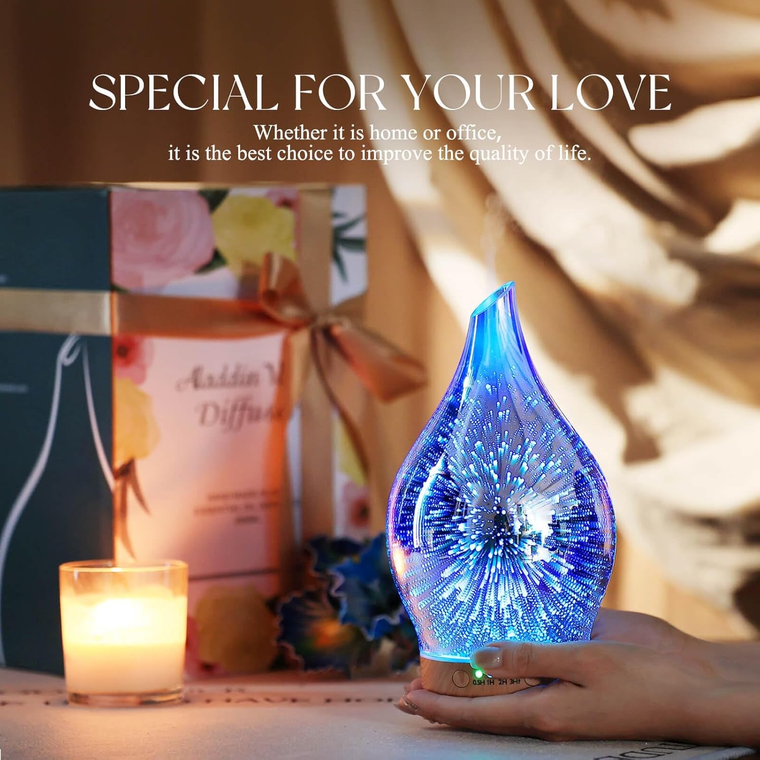Oil Diffuser 3D Glass Aromatherapy Ultrasonic Humidifier, Air Refresh Auto Shut-Off, Timer Setting, BPA Free for Home Hotel Yoga Leisure SPA Gift 150Ml Last 6H