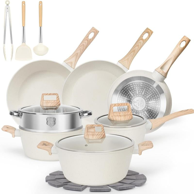 SODAY 12Pcs Pots and Pans Set Non Stick Kitchen Cookware Sets Induction Cookware Nonstick Granite Cooking Set with Frying Pans, Saucepans, Steamer,Dealsforyoudays