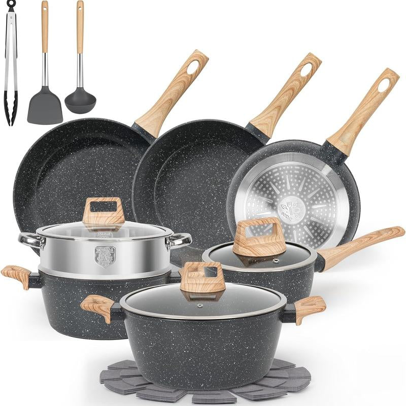 SODAY 12Pcs Pots and Pans Set Non Stick Kitchen Cookware Sets Induction Cookware Nonstick Granite Cooking Set with Frying Pans, Saucepans, Steamer,Dealsforyoudays