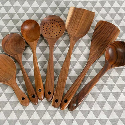 Wooden Kitchen Spoon Long Rice Colander Soup Skimmer Cooking Soup Spoons Scoop Kitchen Tool Thailand Teak Natural Wood