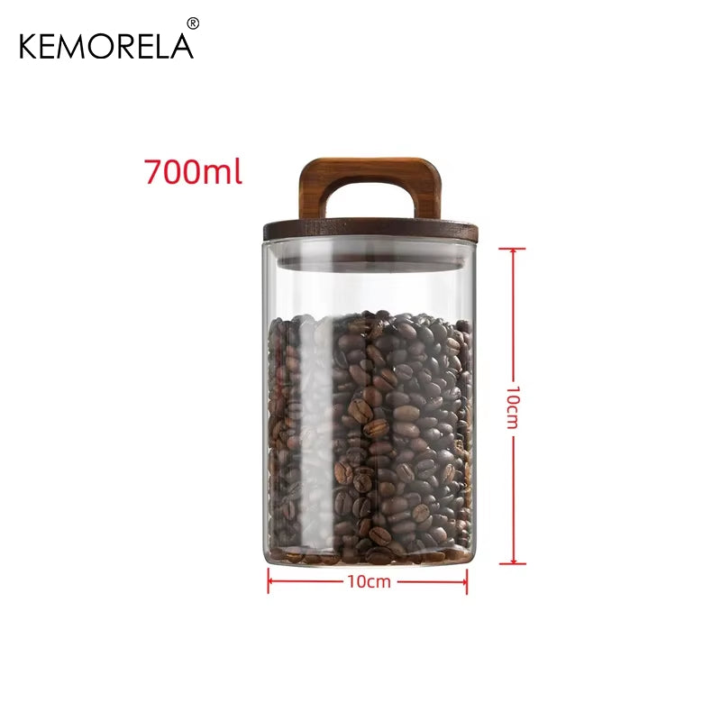 Wood Lid Glass Jar Airtight Canister Food Container Tea Coffee Beans Kitchen Storage Bottles Jar Sealed Grounds Candy Jar