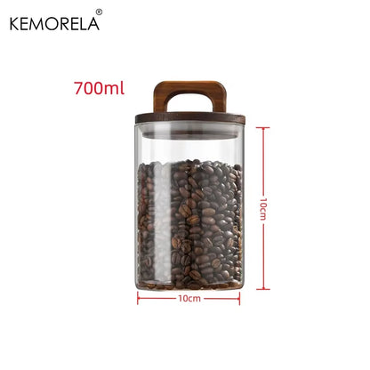 Wood Lid Glass Jar Airtight Canister Food Container Tea Coffee Beans Kitchen Storage Bottles Jar Sealed Grounds Candy Jar