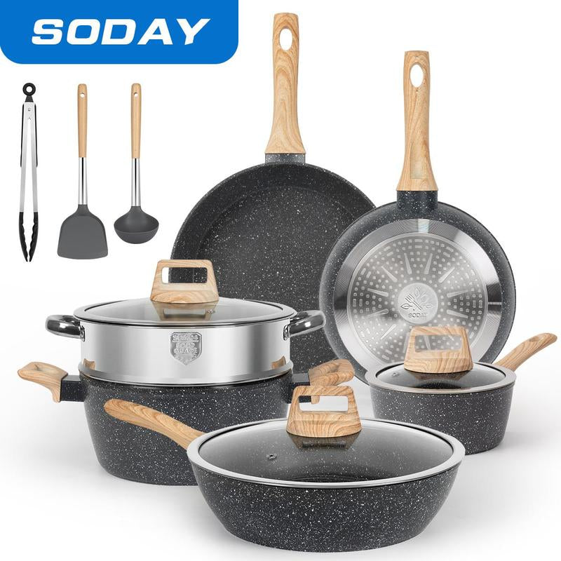 SODAY 12Pcs Pots and Pans Set Non Stick Kitchen Cookware Sets Induction Cookware Nonstick Granite Cooking Set with Frying Pans, Saucepans, Steamer,Dealsforyoudays