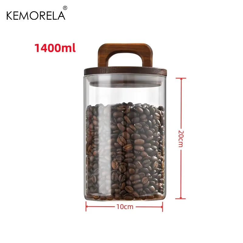 Wood Lid Glass Jar Airtight Canister Food Container Tea Coffee Beans Kitchen Storage Bottles Jar Sealed Grounds Candy Jar