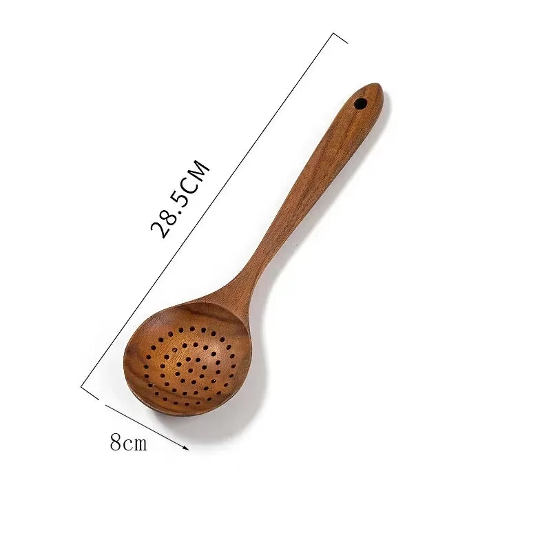 Wooden Kitchen Spoon Long Rice Colander Soup Skimmer Cooking Soup Spoons Scoop Kitchen Tool Thailand Teak Natural Wood