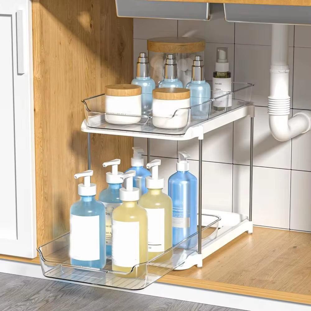 New 2 Tier/3 Tier Bathroom Storage Rack Pull Out Movable Counter Organizer Rack Acrylic Multifunctional Clear under Sink Basket