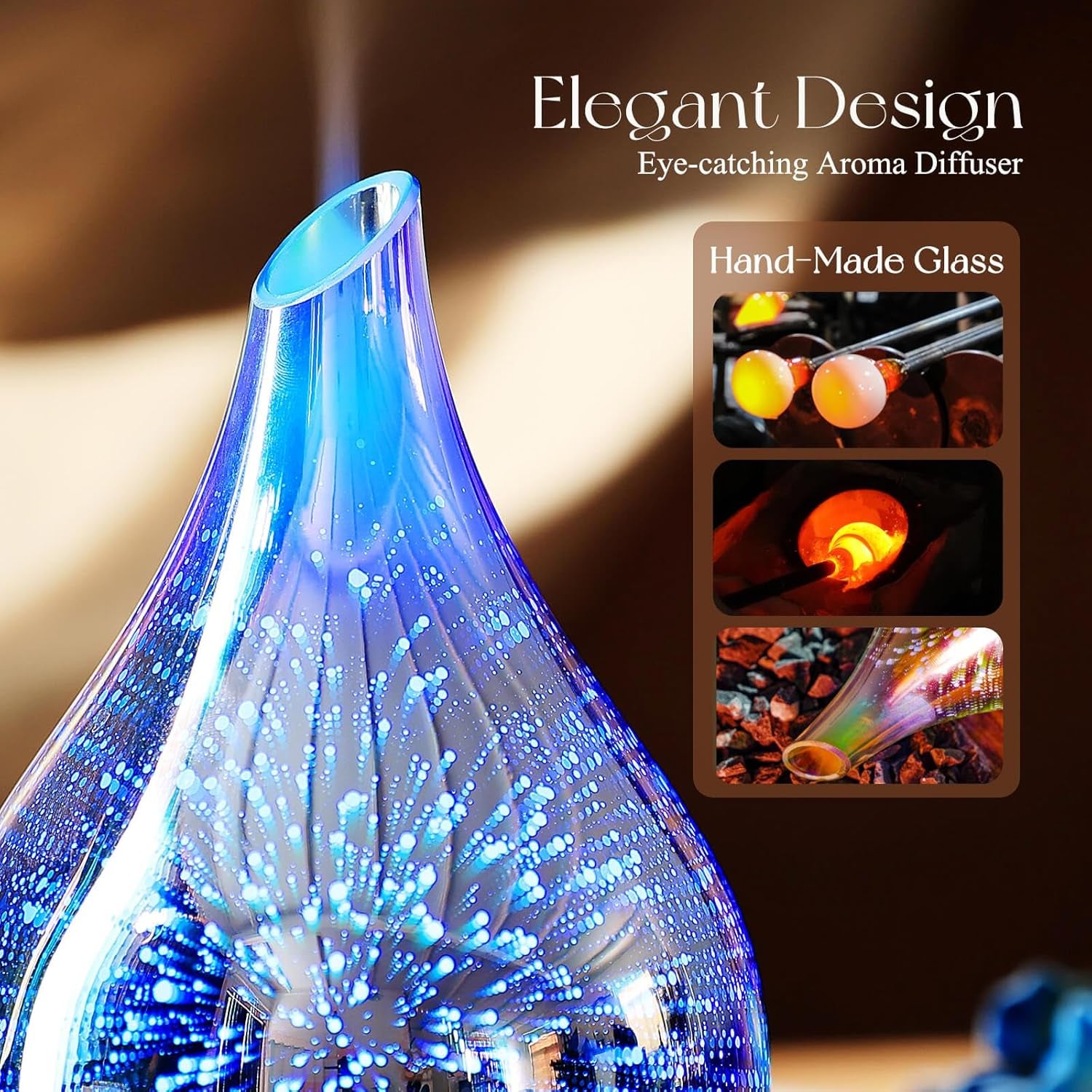 Oil Diffuser 3D Glass Aromatherapy Ultrasonic Humidifier, Air Refresh Auto Shut-Off, Timer Setting, BPA Free for Home Hotel Yoga Leisure SPA Gift 150Ml Last 6H