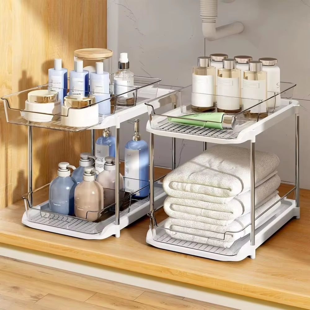 New 2 Tier/3 Tier Bathroom Storage Rack Pull Out Movable Counter Organizer Rack Acrylic Multifunctional Clear under Sink Basket