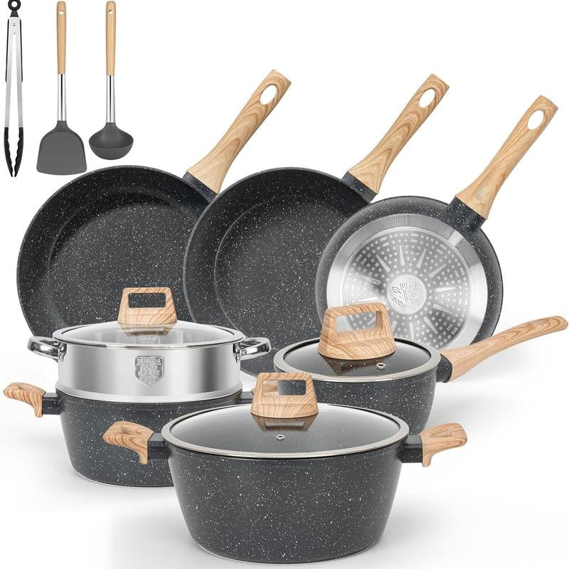 SODAY 12Pcs Pots and Pans Set Non Stick Kitchen Cookware Sets Induction Cookware Nonstick Granite Cooking Set with Frying Pans, Saucepans, Steamer,Dealsforyoudays