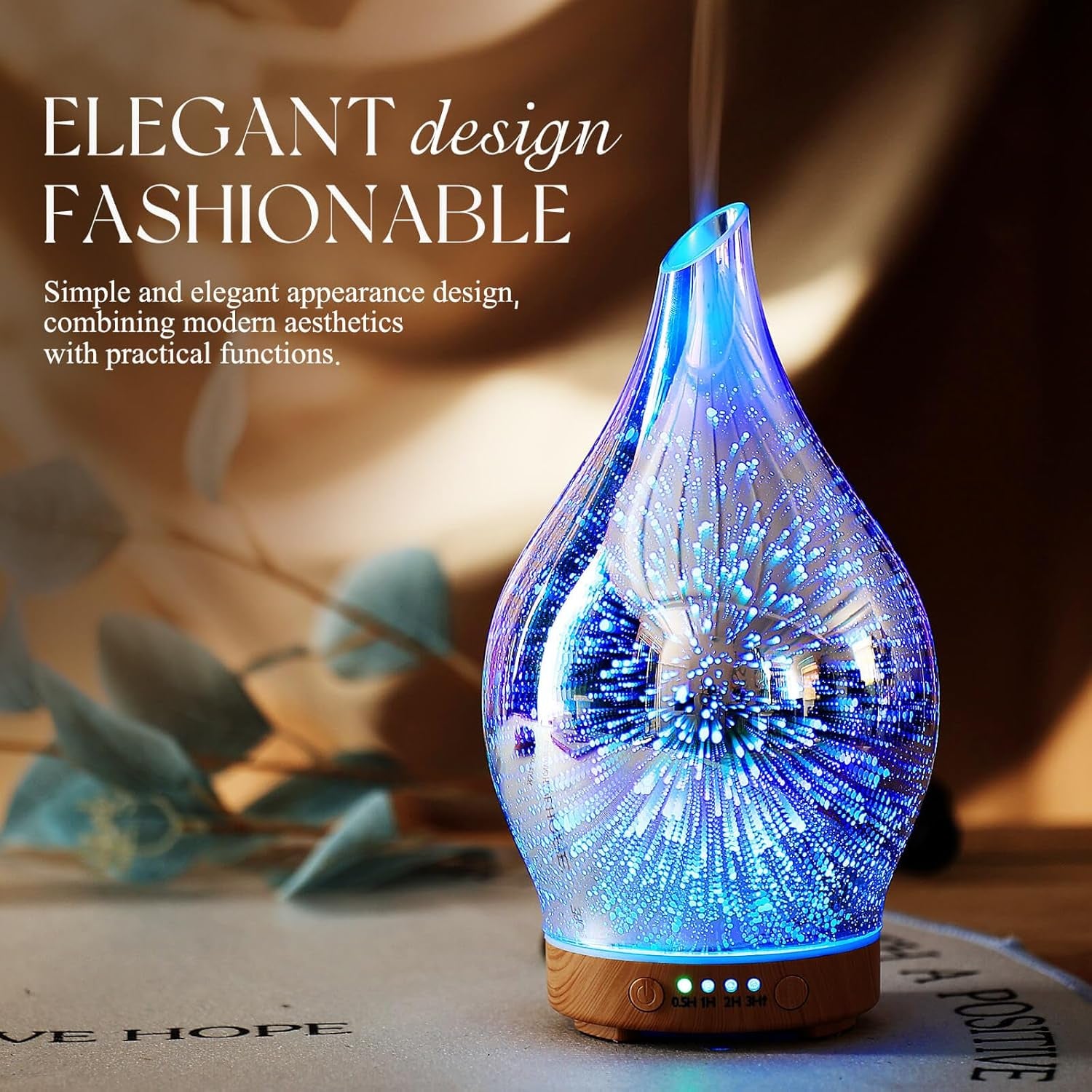 Oil Diffuser 3D Glass Aromatherapy Ultrasonic Humidifier, Air Refresh Auto Shut-Off, Timer Setting, BPA Free for Home Hotel Yoga Leisure SPA Gift 150Ml Last 6H