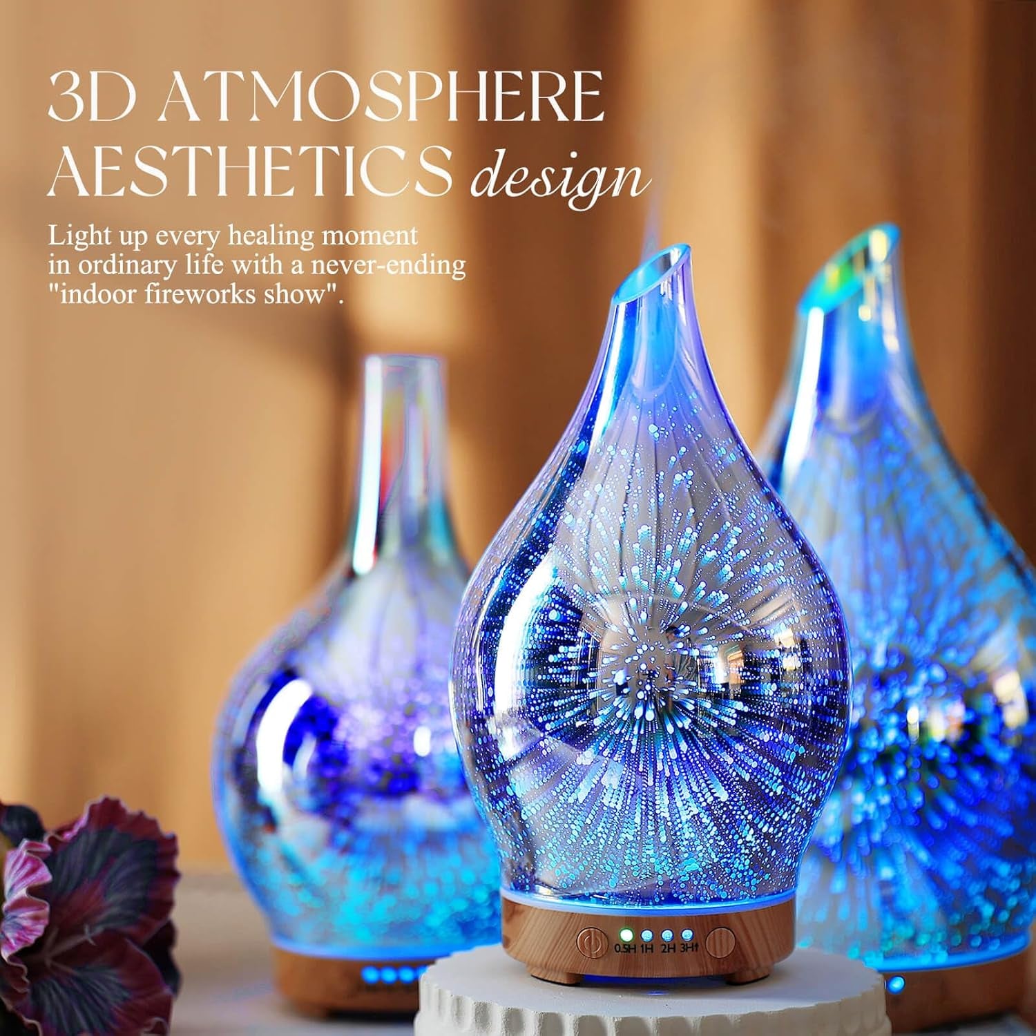 Oil Diffuser 3D Glass Aromatherapy Ultrasonic Humidifier, Air Refresh Auto Shut-Off, Timer Setting, BPA Free for Home Hotel Yoga Leisure SPA Gift 150Ml Last 6H