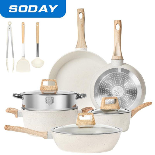 SODAY 12Pcs Pots and Pans Set Non Stick Kitchen Cookware Sets Induction Cookware Nonstick Granite Cooking Set with Frying Pans, Saucepans, Steamer,Dealsforyoudays