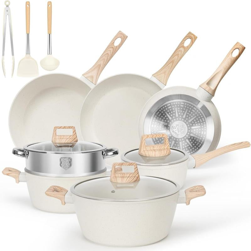 SODAY 12Pcs Pots and Pans Set Non Stick Kitchen Cookware Sets Induction Cookware Nonstick Granite Cooking Set with Frying Pans, Saucepans, Steamer,Dealsforyoudays