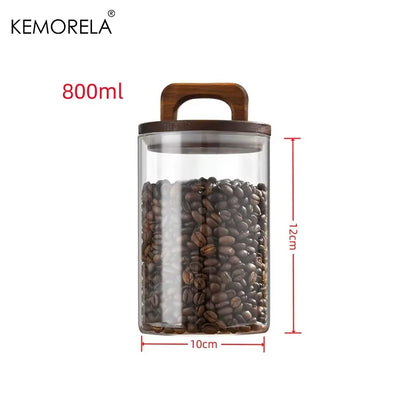 Wood Lid Glass Jar Airtight Canister Food Container Tea Coffee Beans Kitchen Storage Bottles Jar Sealed Grounds Candy Jar