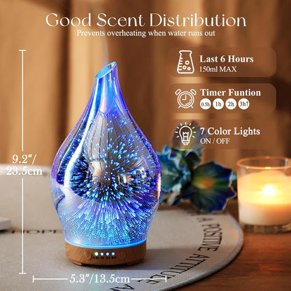 Oil Diffuser 3D Glass Aromatherapy Ultrasonic Humidifier, Air Refresh Auto Shut-Off, Timer Setting, BPA Free for Home Hotel Yoga Leisure SPA Gift 150Ml Last 6H