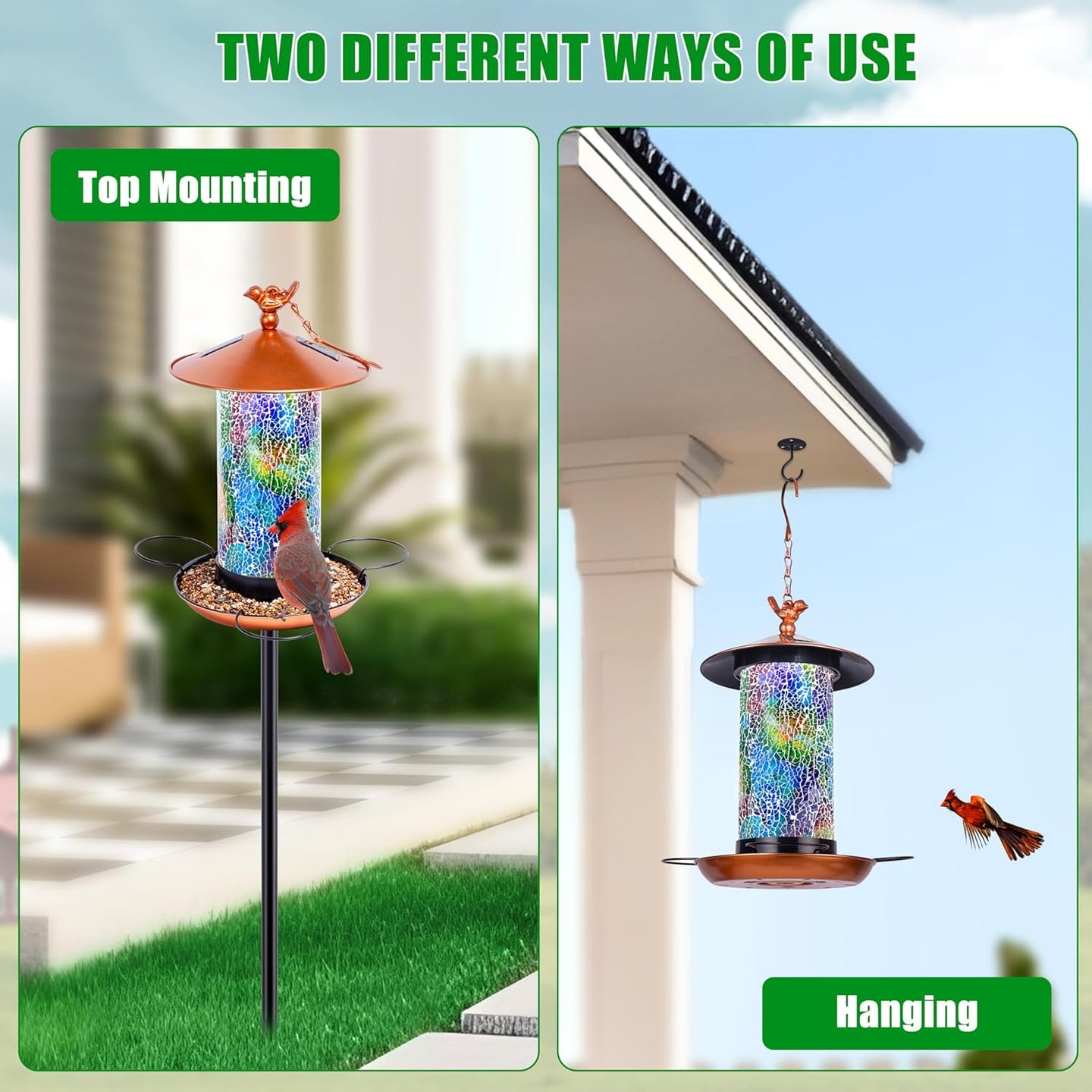 Solar Bird Feeder for Outdoors with Pole, Luxury Mosaic Glass Metal Vintage Lantern Standing, Pretty Garden Gift for Birthday Women, Men, Mom, Dad,Grandma