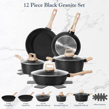 SODAY 12Pcs Pots and Pans Set Non Stick Kitchen Cookware Sets Induction Cookware Nonstick Granite Cooking Set with Frying Pans, Saucepans, Steamer,Dealsforyoudays