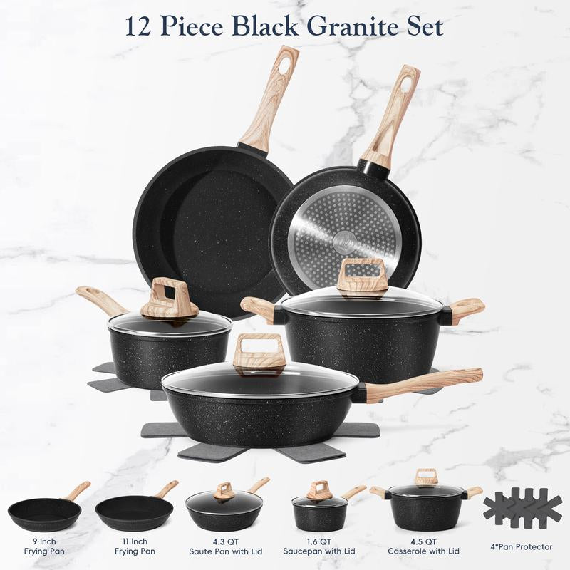 SODAY 12Pcs Pots and Pans Set Non Stick Kitchen Cookware Sets Induction Cookware Nonstick Granite Cooking Set with Frying Pans, Saucepans, Steamer,Dealsforyoudays