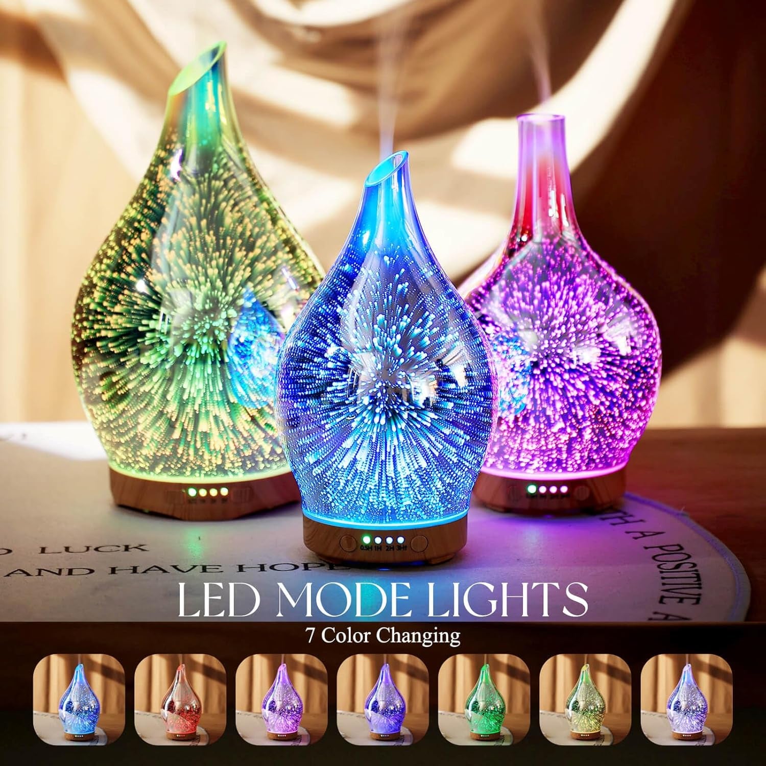 Oil Diffuser 3D Glass Aromatherapy Ultrasonic Humidifier, Air Refresh Auto Shut-Off, Timer Setting, BPA Free for Home Hotel Yoga Leisure SPA Gift 150Ml Last 6H