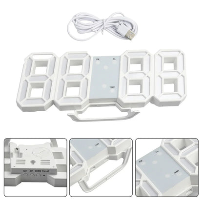 LED Wall Clock 23.5*9.3*1.8Cm Oversize 3D Modern Digital 24/12 Hour Display Timer Alarm Home USB Brightness Adjustable