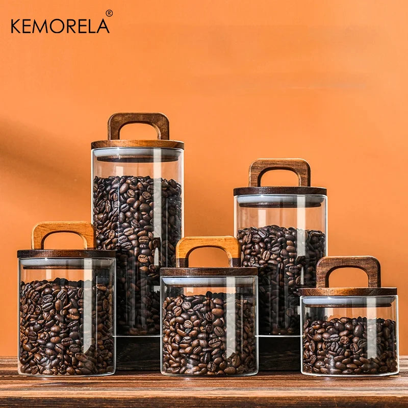Wood Lid Glass Jar Airtight Canister Food Container Tea Coffee Beans Kitchen Storage Bottles Jar Sealed Grounds Candy Jar