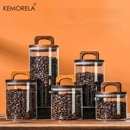 Wood Lid Glass Jar Airtight Canister Food Container Tea Coffee Beans Kitchen Storage Bottles Jar Sealed Grounds Candy Jar