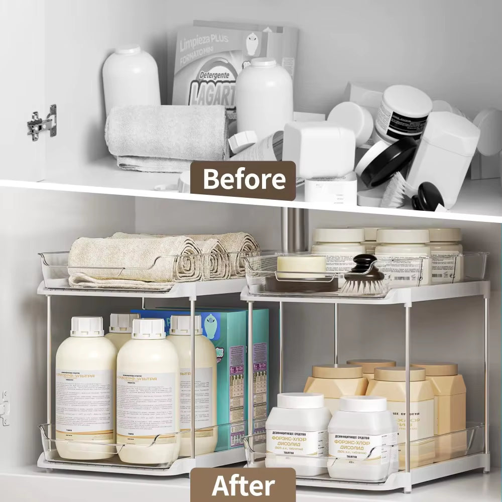 New 2 Tier/3 Tier Bathroom Storage Rack Pull Out Movable Counter Organizer Rack Acrylic Multifunctional Clear under Sink Basket